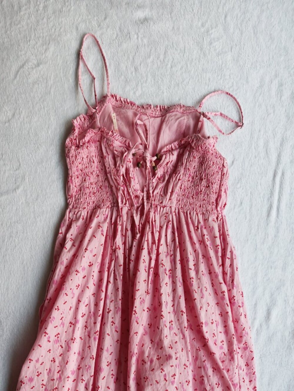 Free People Gabby Mini Dress Pink Cherry Print Size XS Boho Cottagecore Smocked - Picture 13 of 16